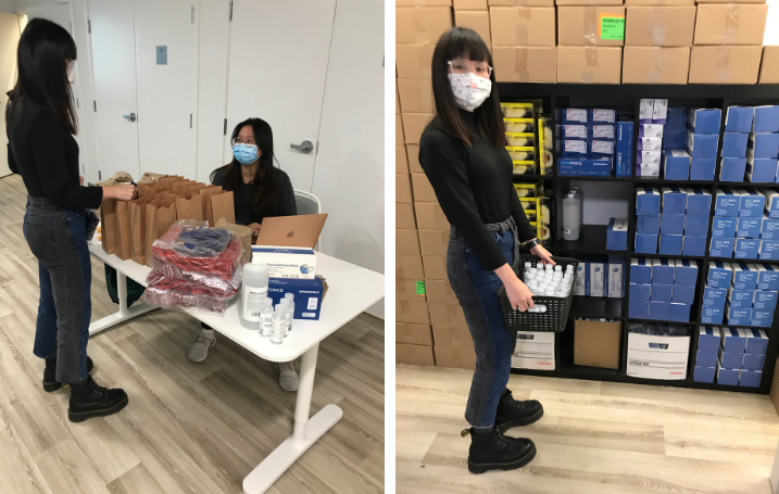 Two pictures: first, two asian women in masks bagging supplies, second, an asian woman organizing and shelving supplies 